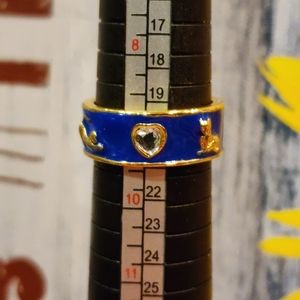 Goldtone Dark Blue Enamel Cat ring size 9, "Cats fill a heart with love"
